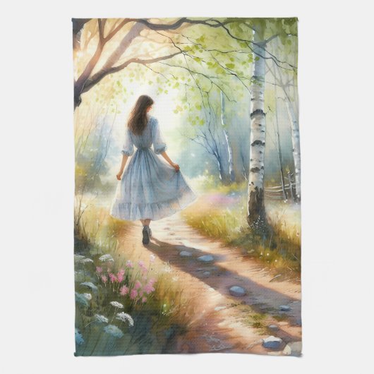 Droommeisje dat door berkenbos danst theedoek (Verticaal)