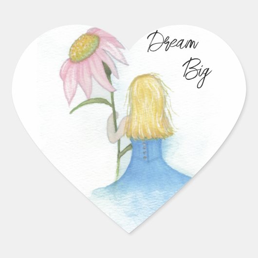 Droommeisje met gigantische bloem "Dream Big" Hart Sticker (Voorkant)