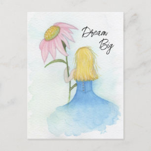Droommeisje met gigantische roze bloem briefkaart