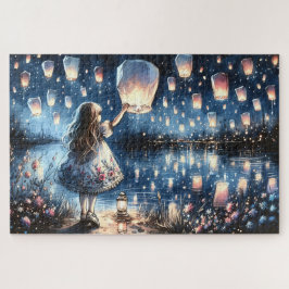 Droommeisje met luchtlantaarns aan het meer legpuzzel