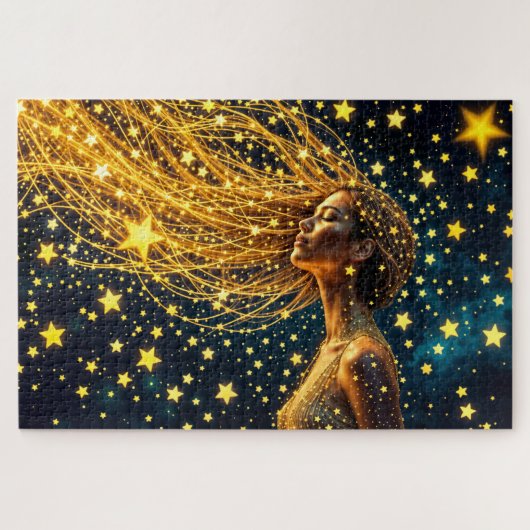 Droommeisje omringd door stralende heldere sterren legpuzzel (Horizontaal)