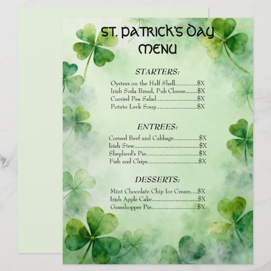 Droommenu met klaver voor St. Patrick's Day (Voorkant / Achterkant)
