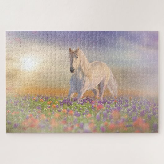 Droompaard loopt door bloemen legpuzzel (Horizontaal)