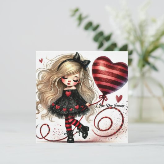 Droompje Klein meisje rood glitter hart ballon Feestdagenkaart (Staand voorkant)