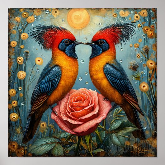 Droomromantische vogels boven roze roos poster (Voorkant)