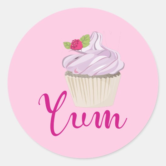 Droomroze Cupcake met Raspberry Yum! Ronde Sticker (Voorkant)
