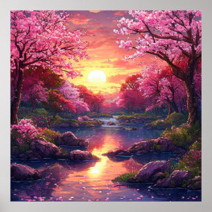 🌸 Droomroze Roze Bloesem Boom Zonsondergang Meer  Poster