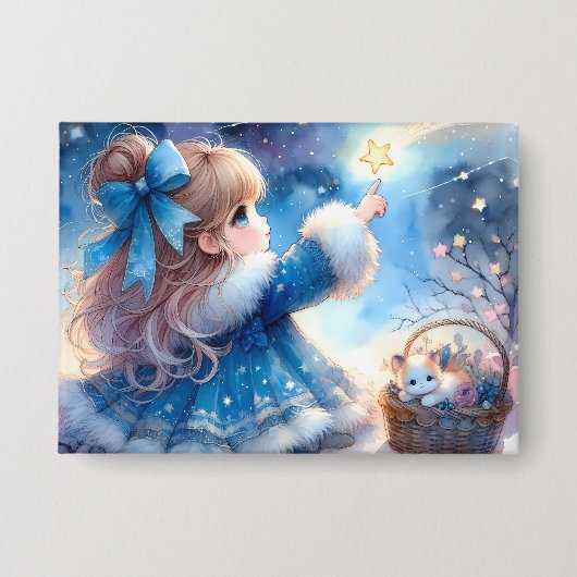 Droomsterige Stargazende Meisje Waterverf Button (Voorkant)