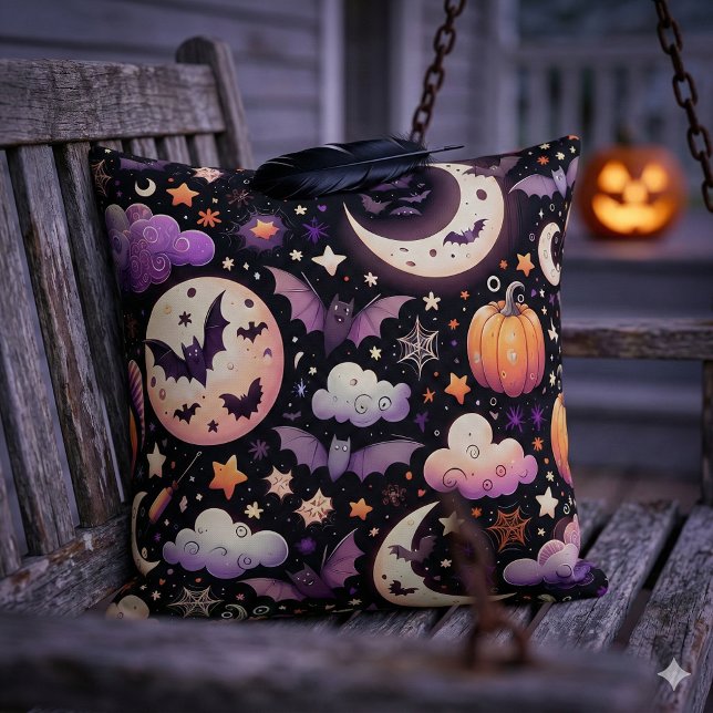Droomsterrenhemel op Halloween Patroon Kussen (Whimsical Halloween Night Sky Pattern Throw Pillow Mockup B)