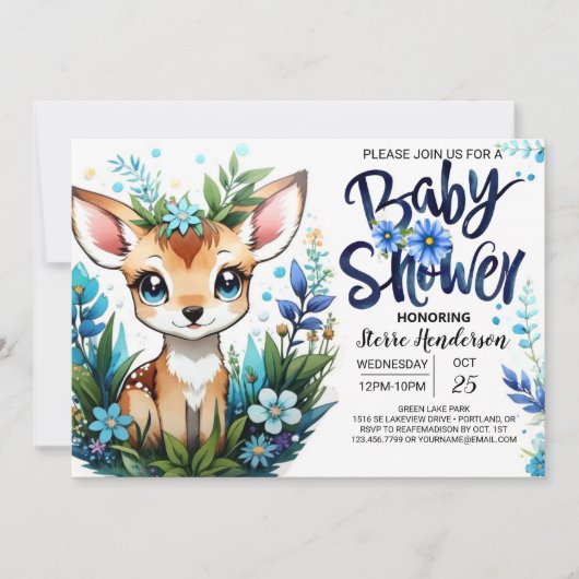 Droomsterrig blauwe reekalf bos-thema babyshower v kaart (Voorkant)