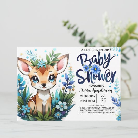 Droomsterrig blauwe reekalf bos-thema babyshower v kaart (Staand voorkant)