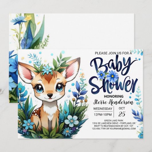 Droomsterrig blauwe reekalf bos-thema babyshower v kaart (Voorkant / Achterkant)