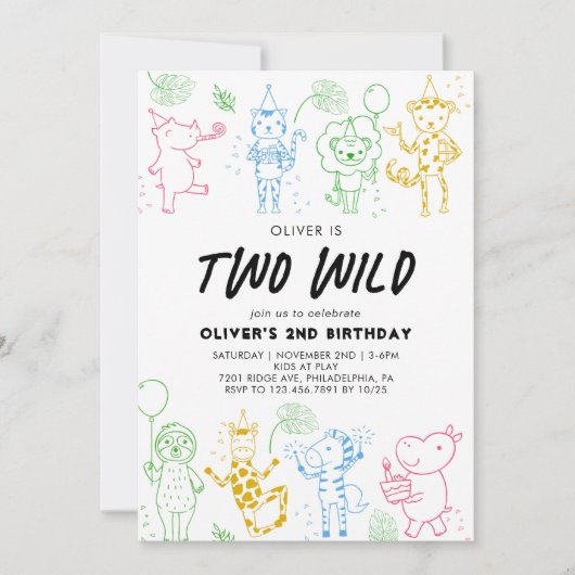 Droomstige Tekenfeest Dieren 2de Verjaardag Kaart (Voorkant)