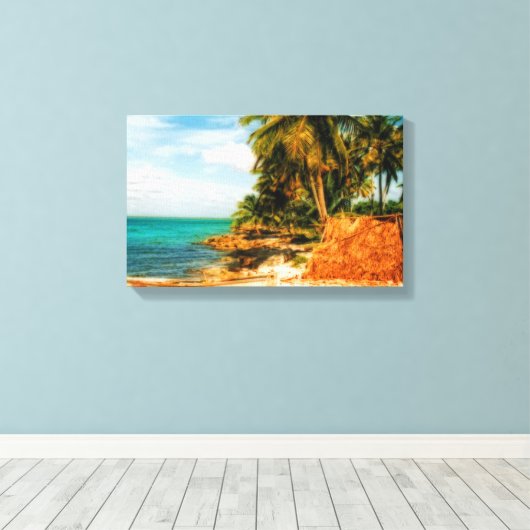 Droomtropisch strand met roeiboot canvas afdruk (Insitu (Houten vloer))