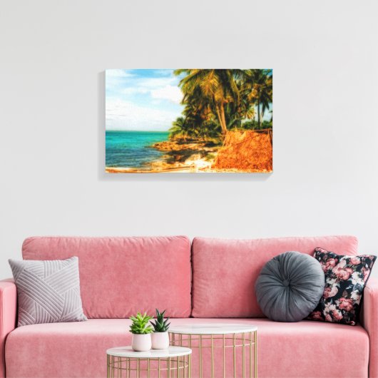 Droomtropisch strand met roeiboot canvas afdruk (Insitu (Woonkamer))