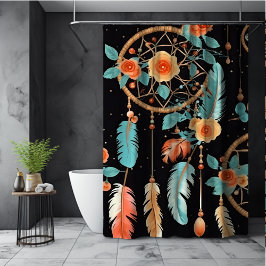 Droomvanger boho donker bloemmotief zwart turquois douchegordijn