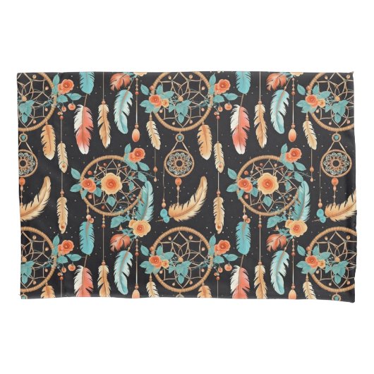 Droomvanger donkere bloem veer oranje turquoise kussensloop (Voorkant)