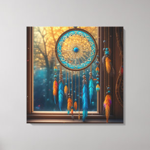 Droomvanger in een raam Herfstbladeren Canvas Afdruk