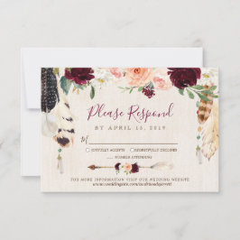 Droomvanger Maan Perzik & Burgundy Boho Bruiloft RSVP Kaartje