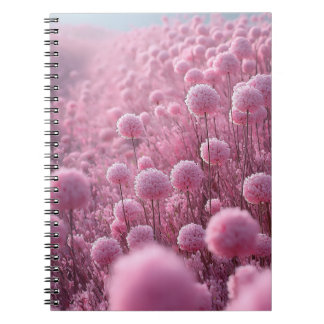 Droomveld met speelse roze pompom bloemen in zacht notitieboek