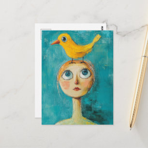 Droomvrouw met gele vogel op haar hoofd briefkaart