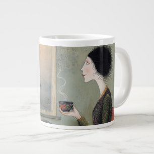 Droomvrouw zittend aan raam met grote koffiekop