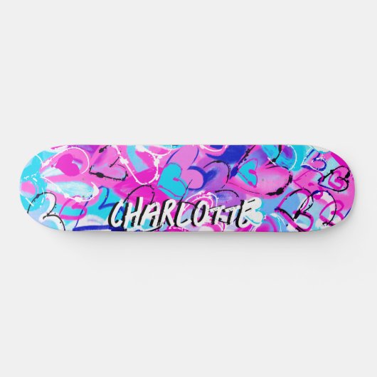 Droomy Fusion: Blauwe & Roze Graffiti Harten Persoonlijk Skateboard (Horizontaal)
