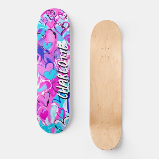 Droomy Fusion: Blauwe & Roze Graffiti Harten Persoonlijk Skateboard (Voorkant)