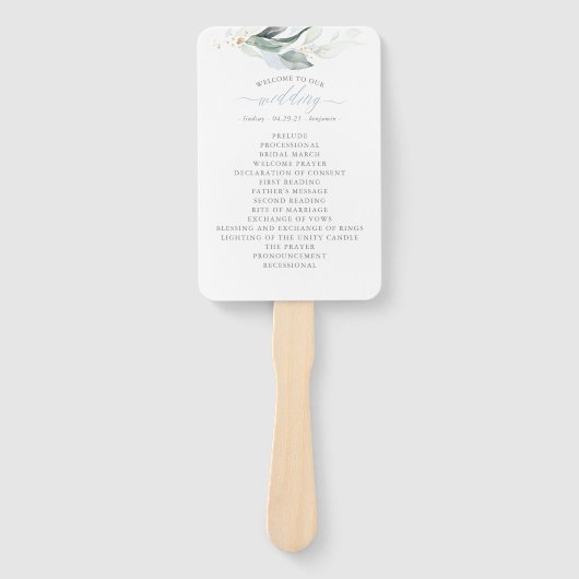 Droomy groen stoffig blauw bruiloft programma handwaaier (Voorkant)