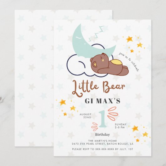 Droomy Little Beer Cloud & Star Baby 1st Verjaarda Kaart (Voorkant / Achterkant)