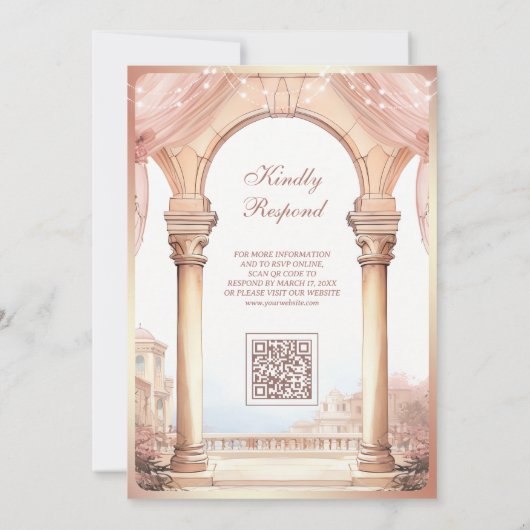 Droomy Paleis Roze Boog QR Code Moslim Bruiloft Kaart (Achterkant)