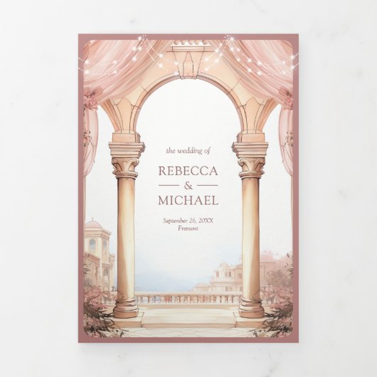 Droomy Sprookjespaleis Stoffig Roos QR Code Bruilo Drieluik Uitnodiging (Cover)