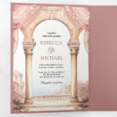 Droomy Sprookjespaleis Stoffig Roos QR Code Bruilo Drieluik Uitnodiging (Binnenzijde eerst)