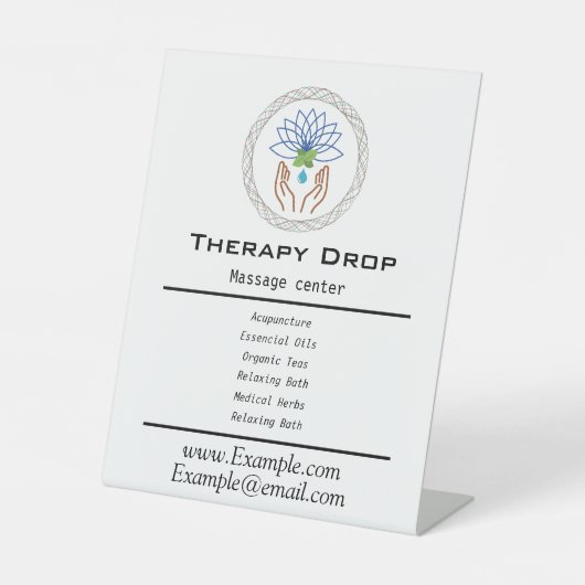 Drop Healing Logo Massagetherapie Hand Lotus Relax Reclamebord Met Voetstuk (Voorkant)