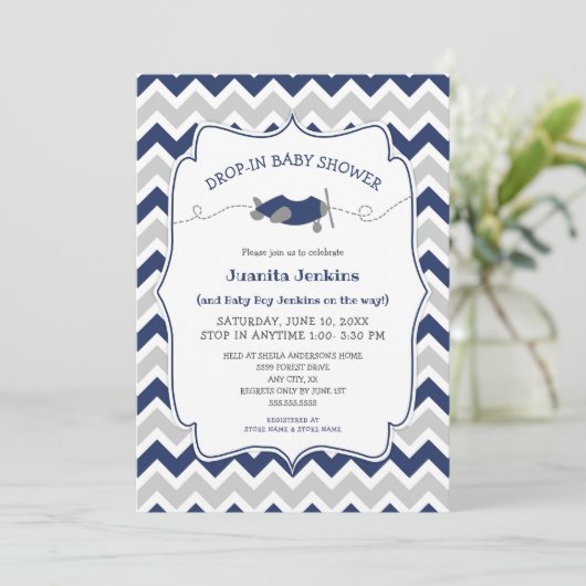 Drop-in boy baby shower / open huis Uitnodiging (Staand voorkant)