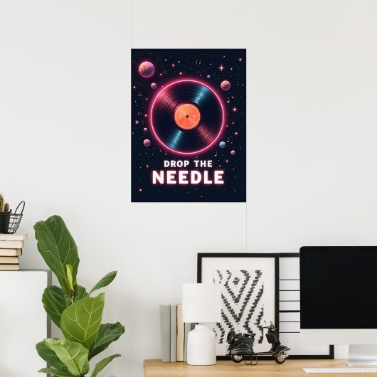 Drop the Needle – Retro Vinyl in Space Poster (Thuiskantoor)