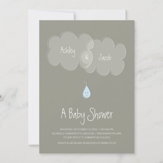 Droplet Baby shower Invitation Grey/Blue Kaart (Voorkant)