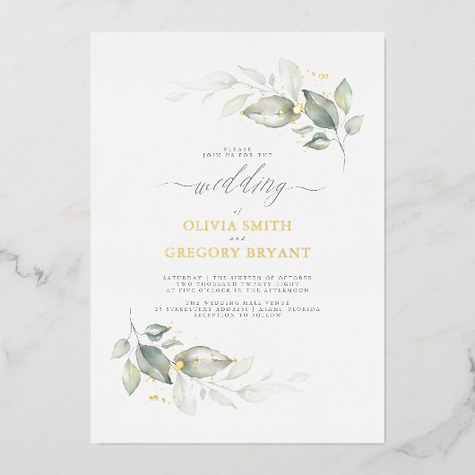 Droy Elegant Greenery Soft Minimal Wedding Folie Uitnodiging (Voorkant)