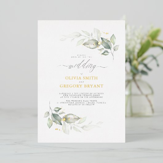 Droy Elegant Greenery Soft Minimal Wedding Folie Uitnodiging (Staand Voorkant)