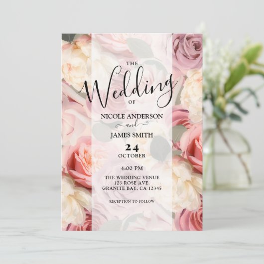 Droy Pink Floral Elegant Shabby Chic Wedding Kaart (Staand voorkant)