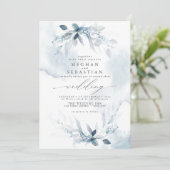 Droy Wedding Waterverf Dusty Blue Invitation Kaart (Staand voorkant)