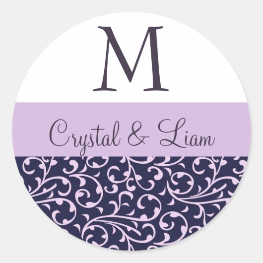 DRUIF en LILA PAARSE Damask Bruiloft Monogram Ronde Sticker (Voorkant)