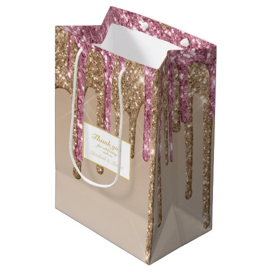 Druipende Glitter Roze Goud Meisjes DANK JE Medium Cadeauzakje (Voorkant Gekanteld)
