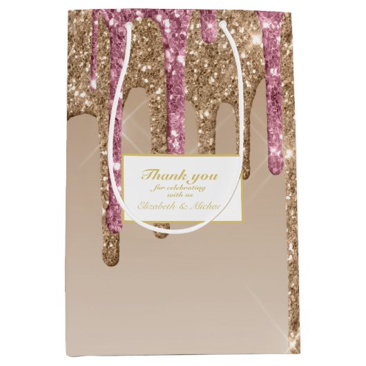 Druipende Glitter Roze Goud Meisjes DANK JE Medium Cadeauzakje (Voorkant)