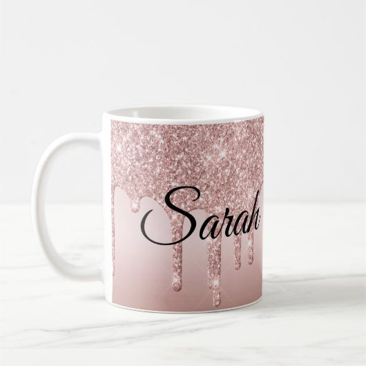 Druipende Glitter Roze Gouden Gepersonaliseerd Koffiemok (Links)