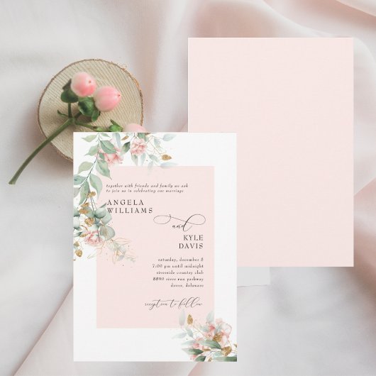 Druipende Roze Roos Eucalyptus Bruiloft  Kaart