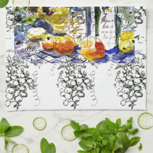 Druiven en flessen theedoek (Gevouwen)