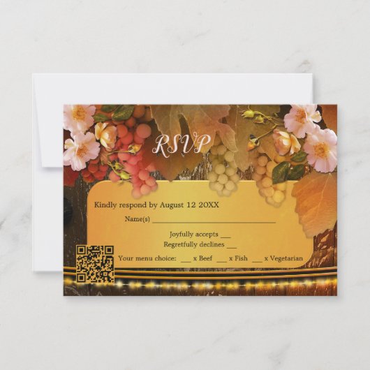 Druiven en Perzik Rozen QR Code Wijnhuis RSVP Kaar (Voorkant)