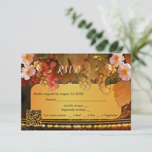 Druiven en Perzikrozen QR-code Wijnhuis RSVP-kaart RSVP Kaartje (Staand voorkant)