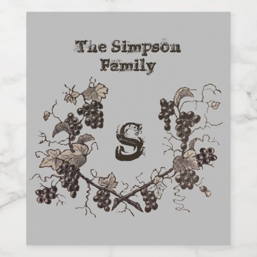 druiven en vinnen zwart wit Monogram toevoegen Wijn Etiket (Enkel label)